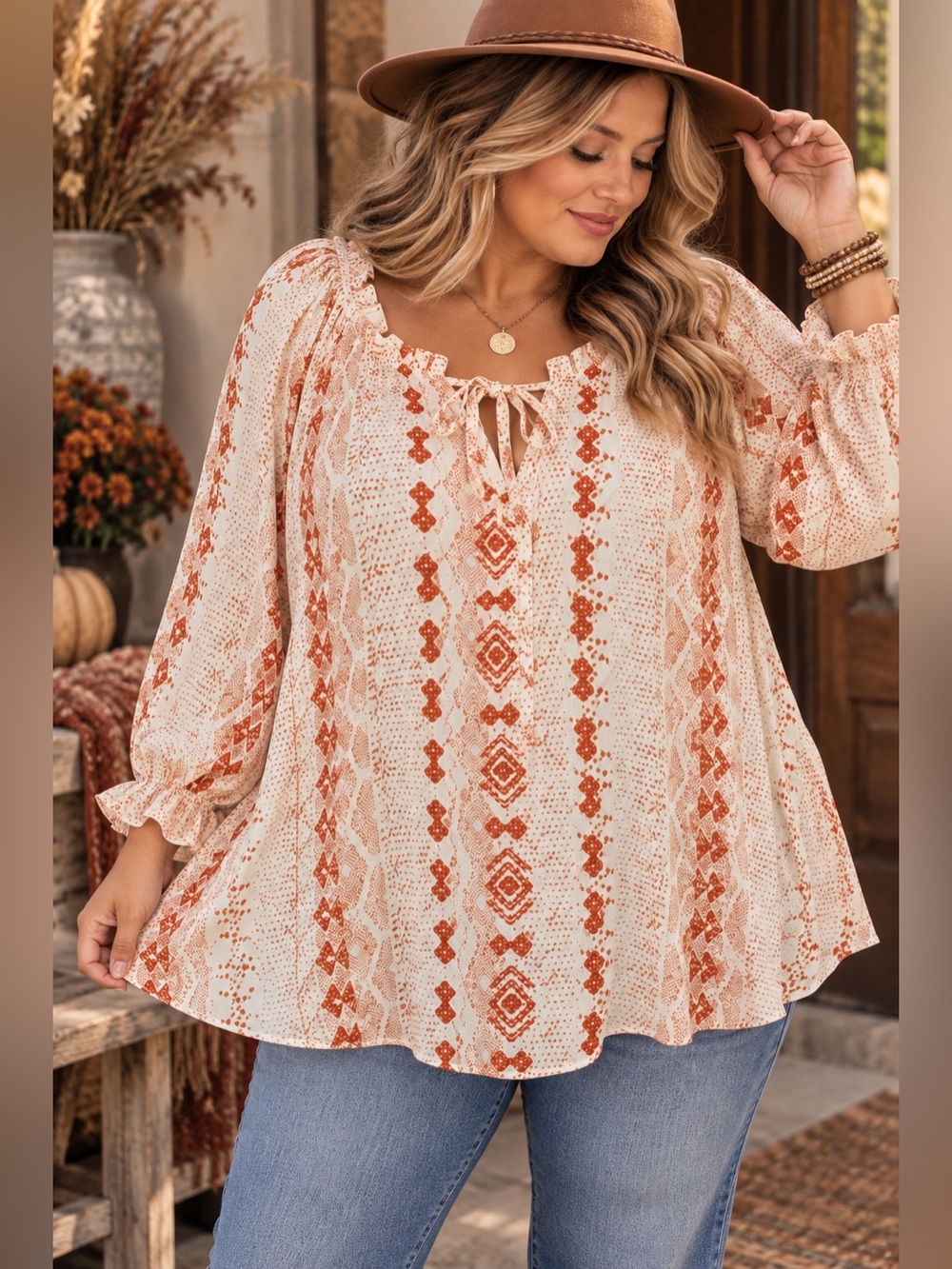 SAVANNAH JANE Embroidered Boho Blouse Women’s Cream & Orange Size 2X NWT!